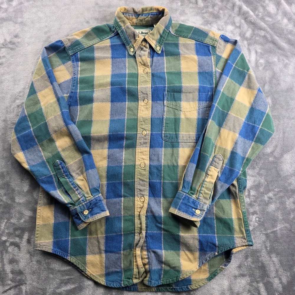 L.L. Bean‎ Flannel Shirt Womens Medium Blue Green Plaid Cotton Button Down USA